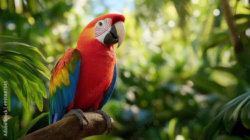 Obraz premium A vibrant red and blue macaw parrot perched on a branch amidst lush greenery in a tropical forest. Exotic bird and nature wildlife.