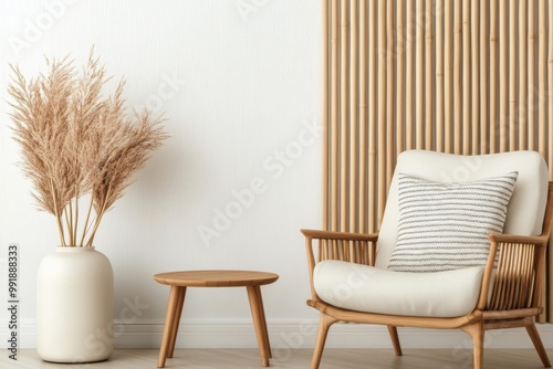 Cozy living room with a stylish armchair, decorative plant, and minimalist design for relaxation