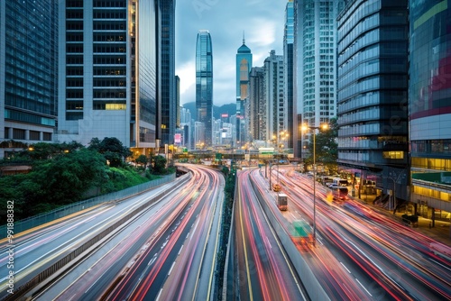 Road in city with skyscrapers and car traffic light trails. Long exposure of evening rush hour with cars racing in and out of Downtown with generative ai