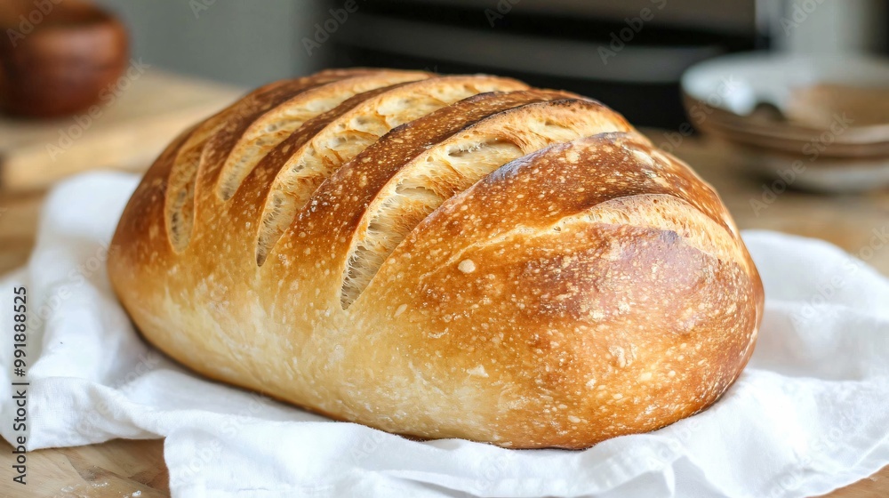 A golden loaf of sourdough bread with intricate scoring, set on a white linen cloth with a wooden kitchen table in the background A golden loaf of sourdough bread with intricate scoring, set on a white linen cloth with a wooden kitchen table in the background
