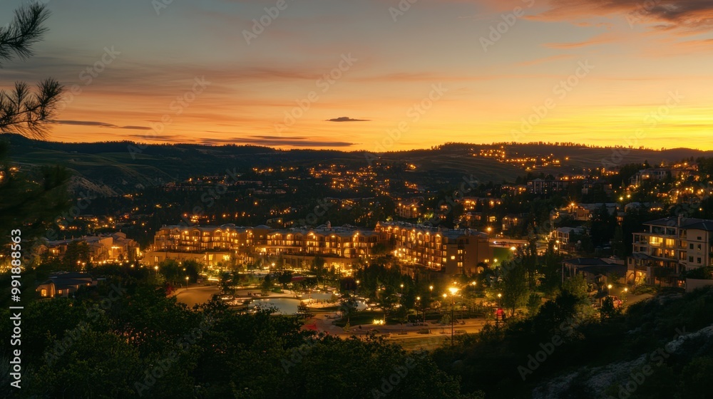 A panoramic twilight scene showcasing bright lights from buildings in the foreground, lush
