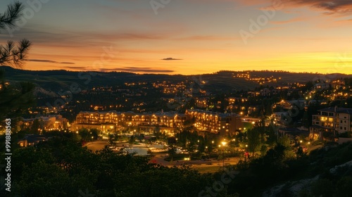 Obraz na płótnie A panoramic twilight scene showcasing bright lights from buildings in the foreground, lush w salonie