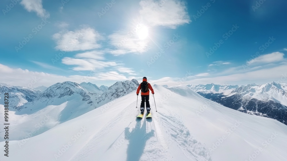 Adventurous Skier on Snowy Mountain Peak Adventurous Skier on Snowy Mountain Peak