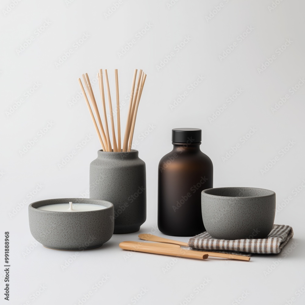 Aromatic items showcased include candles, reed diffusers, and stylishly arranged containers