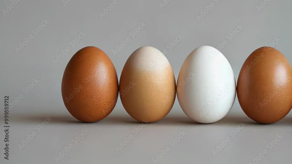 Different shades of eggshells lined up in a row showcasing natural diversity and texture, 4k footage Different shades of eggshells lined up in a row showcasing natural diversity and texture, 4k footage