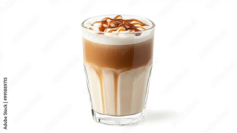luxurious iced caramel macchiato in clear glass perfectly layered espresso and milk swirls of caramel drizzle topped with velvety foam set against pure white background luxurious iced caramel macchiato in clear glass perfectly layered espresso and milk swirls of caramel drizzle topped with velvety foam set against pure white background
