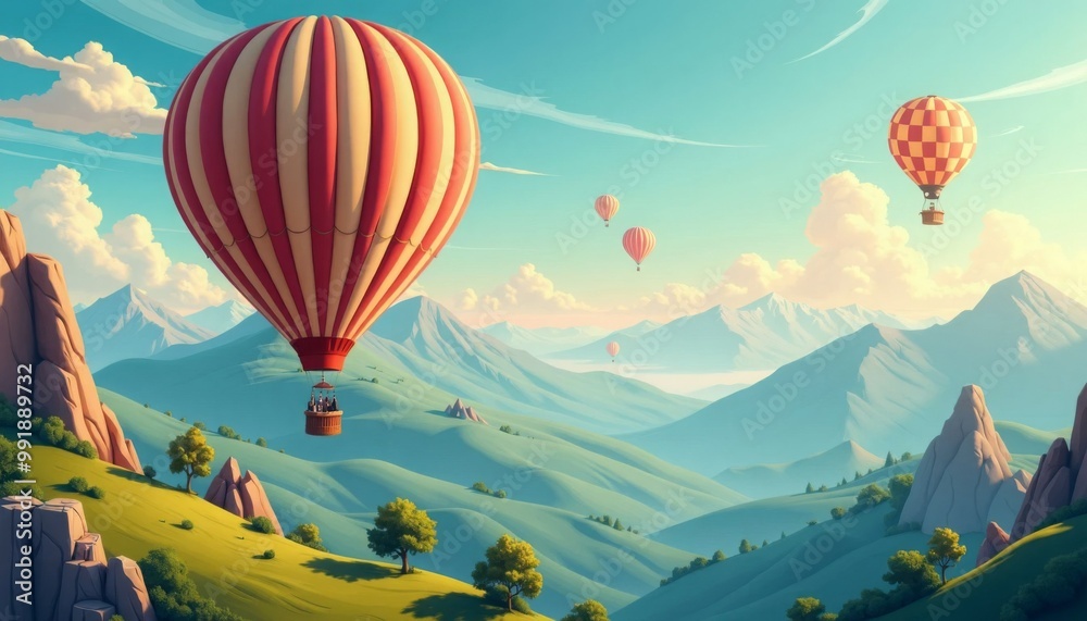 Obraz premium Illustration wallpaper of an hot air balloon floating in the sky over hills and mountains , banner background in paper art style