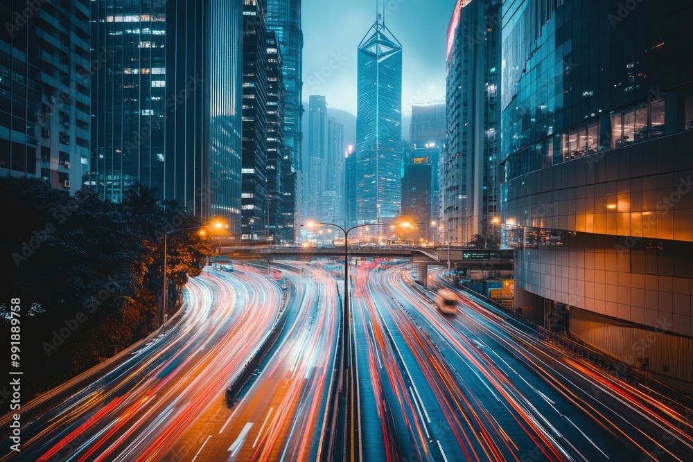Obraz premium Road in city with skyscrapers and car traffic light trails. Long exposure of evening rush hour with cars racing in and out of Downtown with generative ai