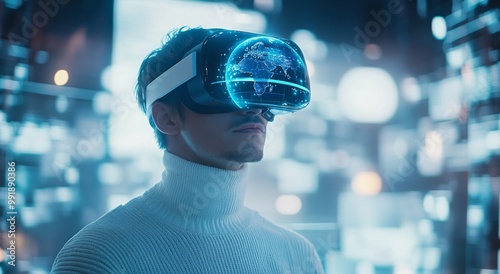 Wallpaper Mural engineer in virtual (augmented) reality glasses stands in a futuristic laboratory of the future develops eco-concept, on the virtual reality helmet hologram of the planet earth Torontodigital.ca