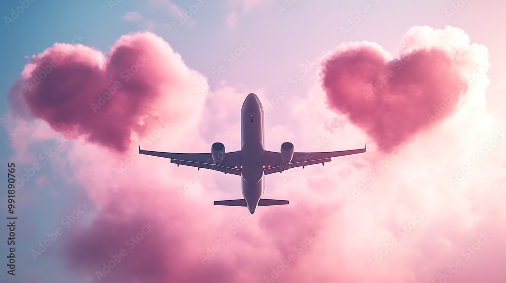 Airplane flying through pink heart-shaped clouds at sunset. Airplane flying through pink heart-shaped clouds at sunset.