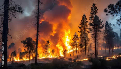 Intense forest fire at sunset, showcasing the raw beauty and destructive power of nature amidst flames and smoky haze