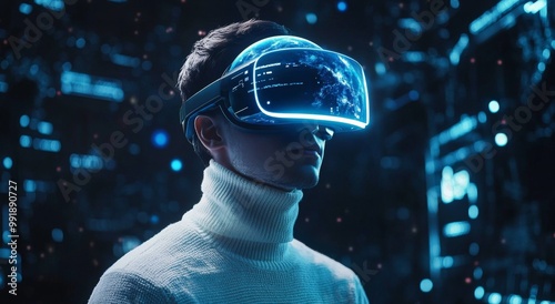 Wallpaper Mural engineer in virtual (augmented) reality glasses stands in a futuristic laboratory of the future develops eco-concept, on the virtual reality helmet hologram of the planet earth Torontodigital.ca