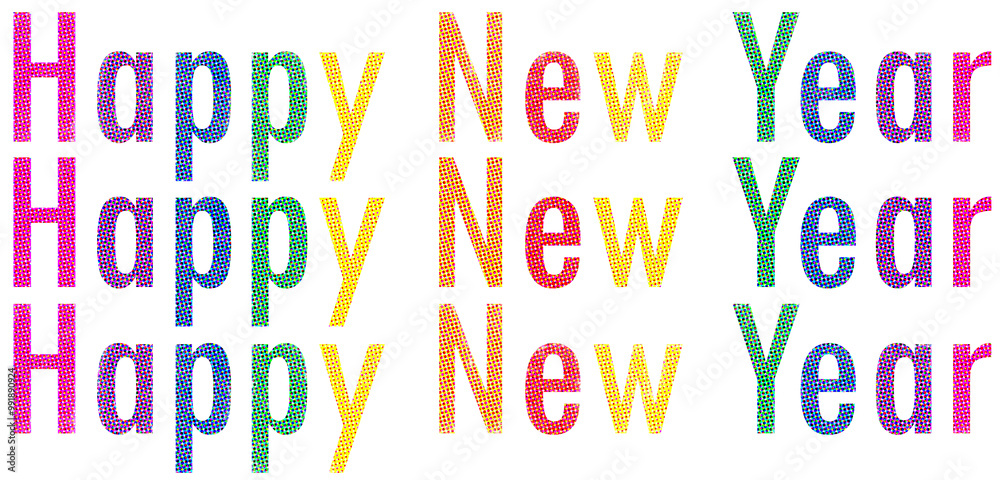 Word Happy New Year text design. Background. Pixelate color halftone dotted texture with rainbow colored characters. Banner Word Happy New Year text design. Background. Pixelate color halftone dotted texture with rainbow colored characters. Banner