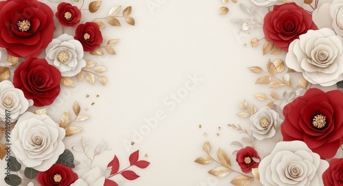 Elegant arrangement of red, white, and gold flowers against a soft neutral background