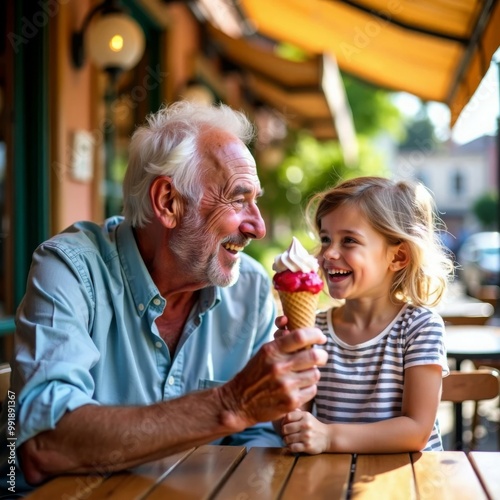 Cheerful grandfather and grandchild eating ice cream outdoors on sunny summer day at an outdoor cafe restaurant