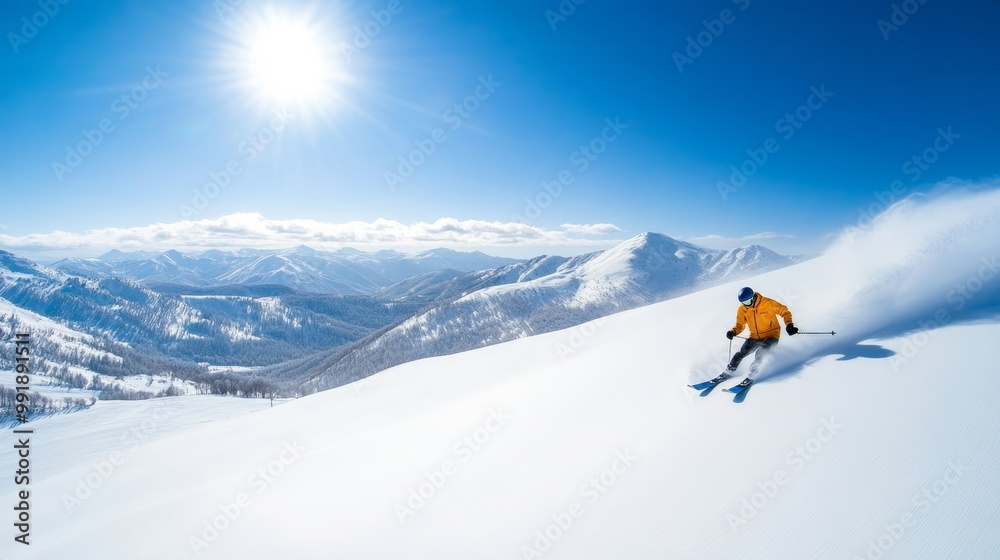 Skier Descending Snowy Mountain Landscape Under Sun