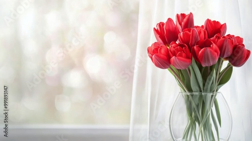 Vibrant red tulips arranged in a clear vase against a bright, softly blurred background