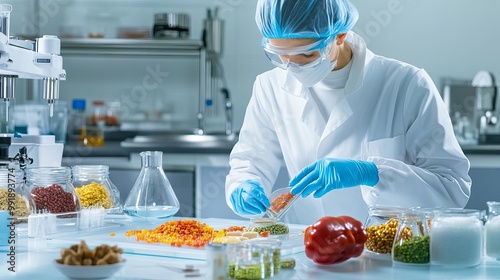 Lab technician analyzing food additives in a sterile environment, food safety, scientific food innovation