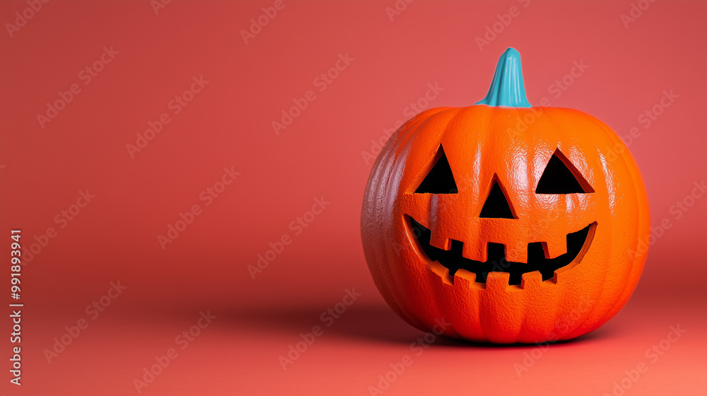 Spooky pumpkin face on a red background with copy space for halloween