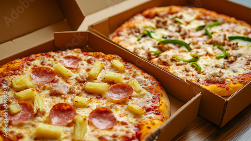 Two pizzas with various toppings in cardboard boxes