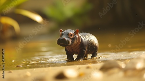 Enchanting Pygmy Hippo: a charming newborn pygmy hippo that exhibits its unique characteristics and playful attitude in a compelling position. Its cute pink and black tones add to its charm. photo