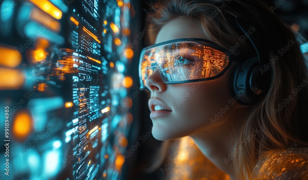 A woman working on a virtual reality conference call while floating in a zero-gravity room A woman working on a virtual reality conference call while floating in a zero-gravity room