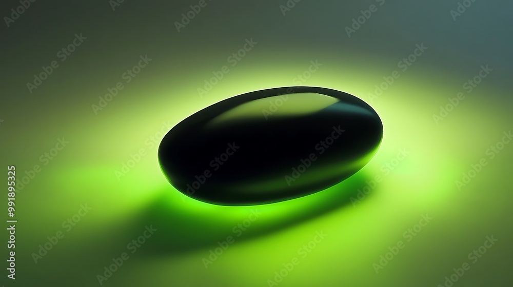 A single black oval object sits on a green surface, illuminated from below. A single black oval object sits on a green surface, illuminated from below.