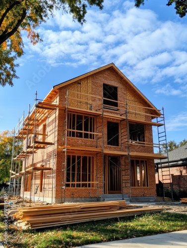 Modern two-story house under construction with wooden scaffolding, brick exterior, and large windows. The house is surrounded by lush green grass, a blue sky, and autumn trees, symbolizing new beginni photo