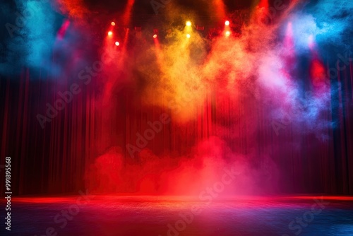 Wallpaper Mural Stage theater with lighting, smoke and red spotlights. Stage background. Stage lighting, Stage Background. Stage with bright colors backdrop decoration with generative ai Torontodigital.ca