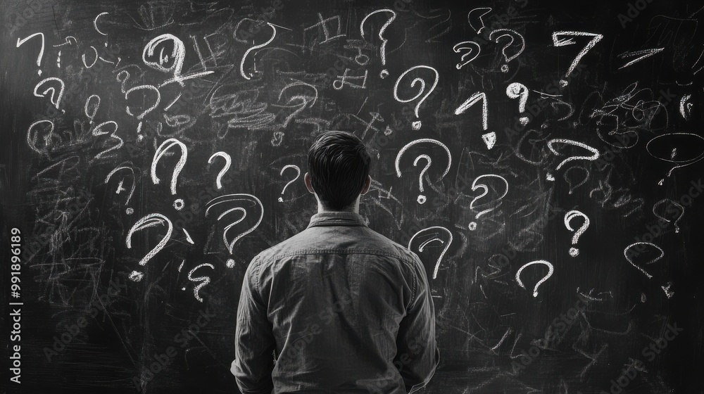 Man stands facing a blackboard covered in question marks and scribbles