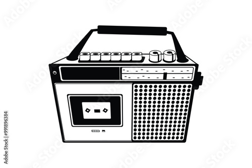 Classic retro media music and radio player, vintage cartoon silhouette, and vector art illustration