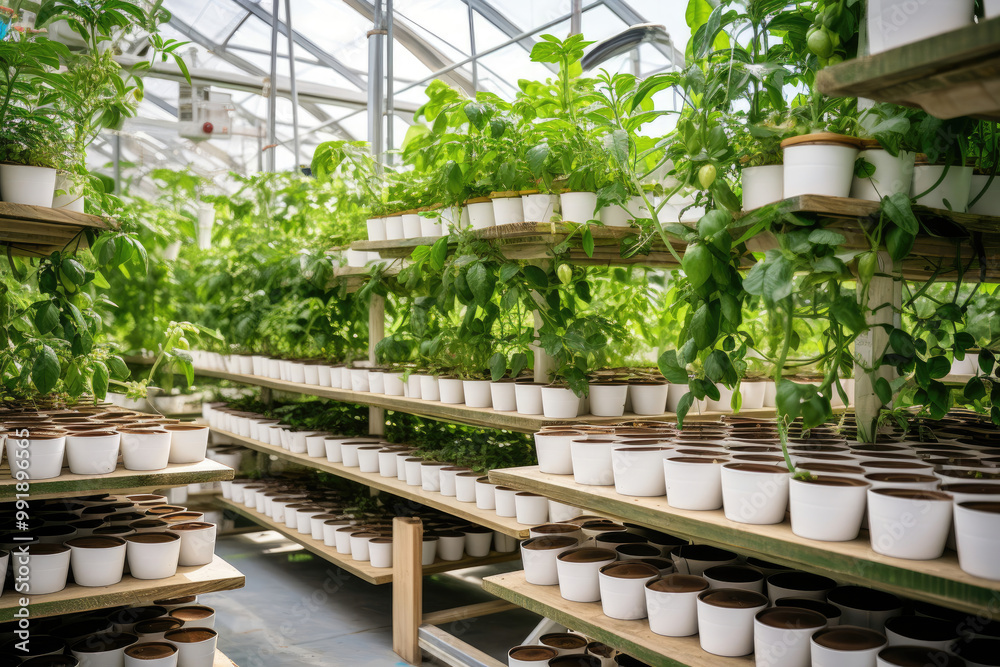 Greenhouse with Rows of Plants in Pots Greenhouse with Rows of Plants in Pots
