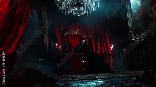 luxurious darkly lit room with deep red velvet drapes, a grand chandelier. vampire sits in an antique chair with sharp detail in the fangs and blood-red lips, room is softly lit ,blurred in background