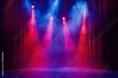 Stage theater with lighting, smoke and red spotlights. Stage background. Stage lighting, Stage Background. Stage with bright colors backdrop decoration with generative ai