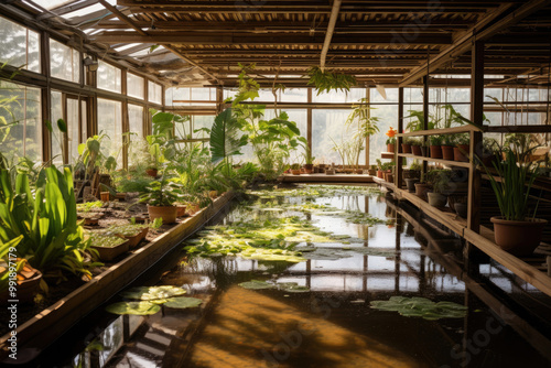 Tranquil Greenhouse with Pond and Lush Greenery