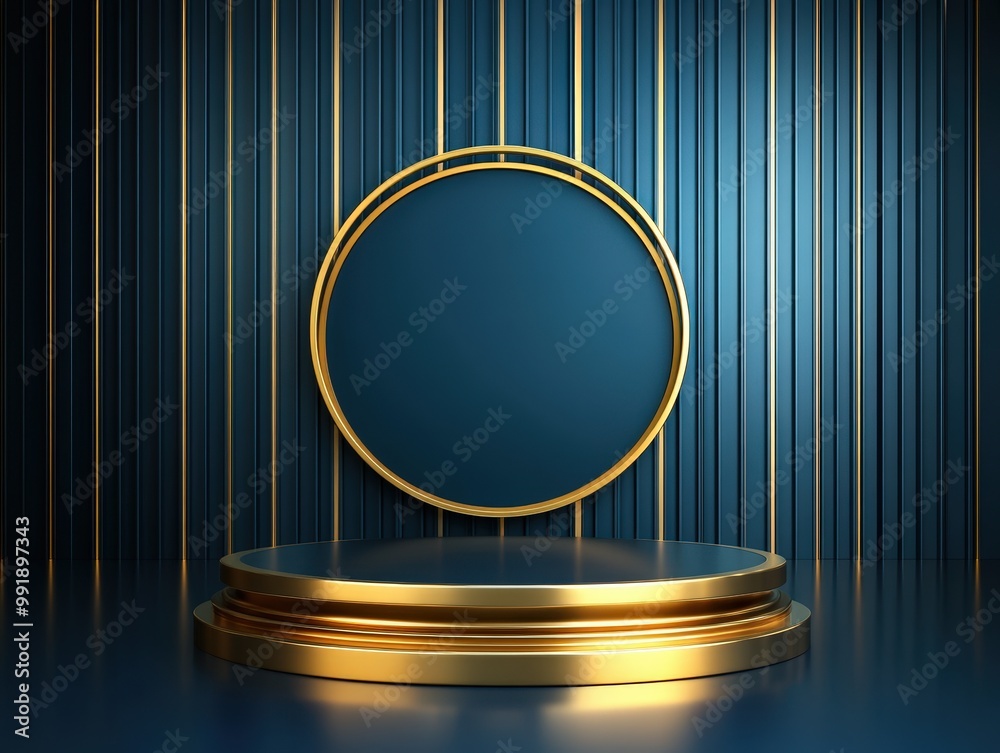 Golden Circle and Platform on Blue Striped Background. Golden Circle and Platform on Blue Striped Background.