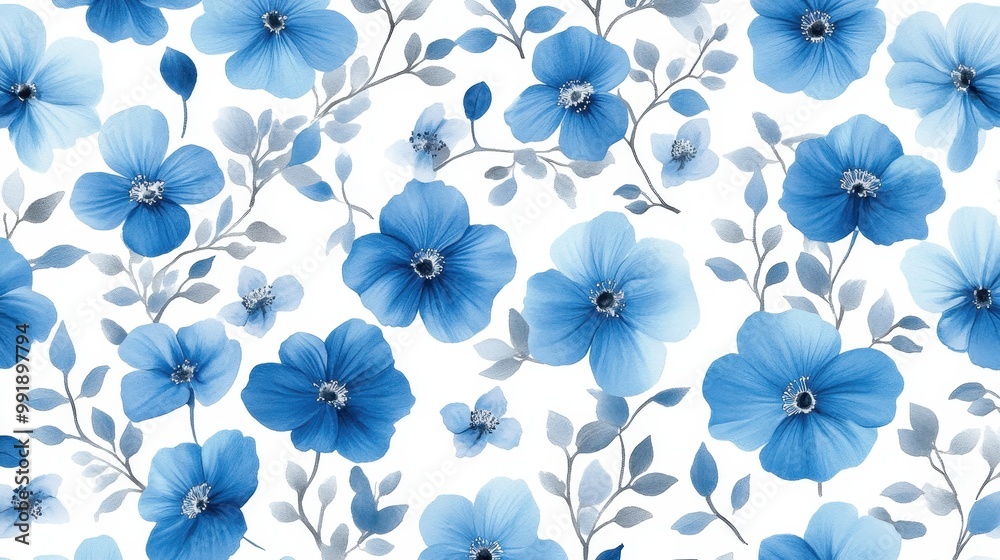 A repeating pattern of blue flowers and leaves on a white background, painted in a watercolor style A repeating pattern of blue flowers and leaves on a white background, painted in a watercolor style