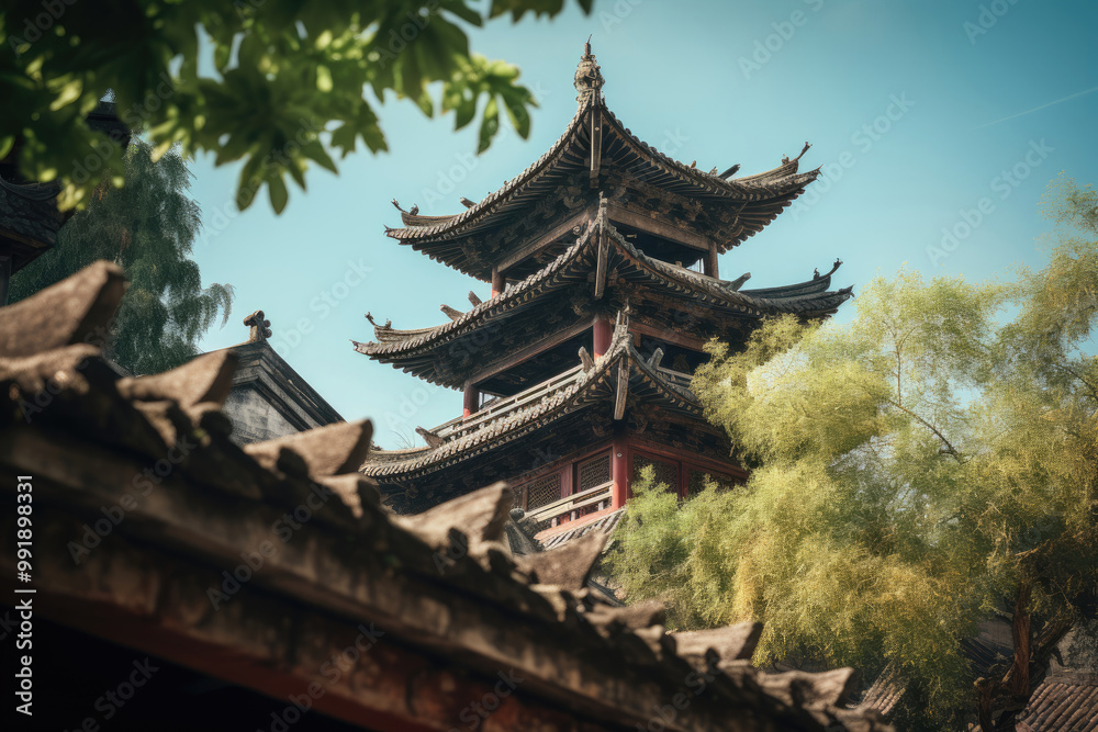 Ancient Chinese Pagoda with Intricate Roof Detail Ancient Chinese Pagoda with Intricate Roof Detail
