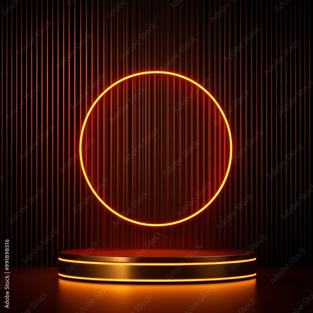 Golden Platform with Neon Circle on Striped Background.