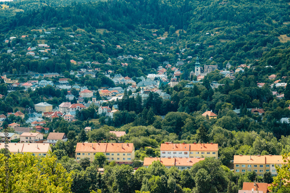 Fototapeta premium Romantic morning scenery of calvary in Banska Stiavnica, UNESCO, Slovakia. Old Slovakia mining town of Banska Stiavnica.