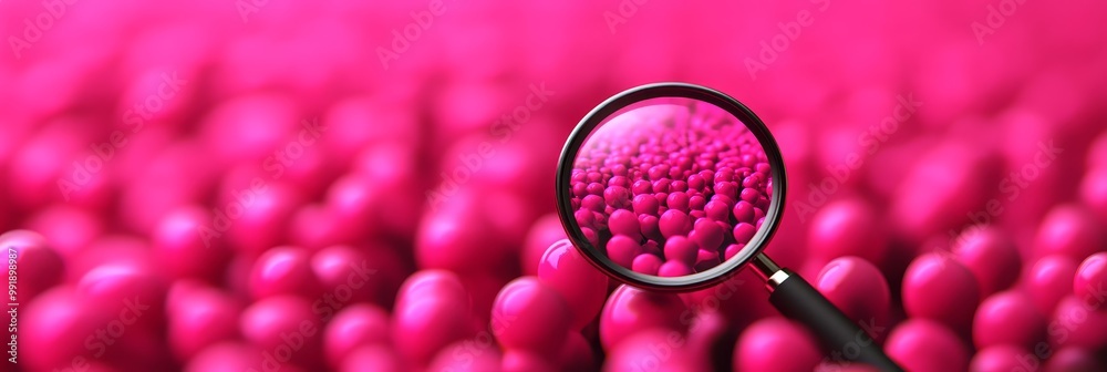 A magnifying glass focuses on a single pink sphere, highlighting its individuality within a sea of similar objects. This image symbolizes the power of focus, detail, and finding unique perspectives. A magnifying glass focuses on a single pink sphere, highlighting its individuality within a sea of similar objects. This image symbolizes the power of focus, detail, and finding unique perspectives.