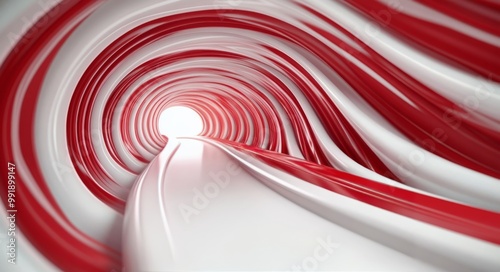 Abstract red and white tunnel with smooth curves leading to a bright light at the end photo