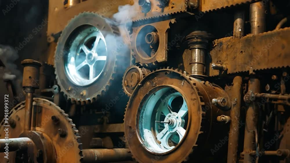 An intricate arrangement of gears and rotating wheels is highlighted in a dimly lit workshop. Steam rises as the machinery operates, showcasing its industrial design and function An intricate arrangement of gears and rotating wheels is highlighted in a dimly lit workshop. Steam rises as the machinery operates, showcasing its industrial design and function