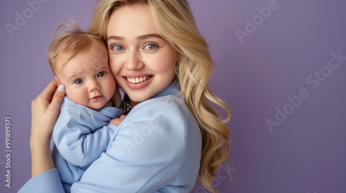 Blonde Mother Holding Newborn Baby in Blue Suit on Purple Background Generative AI