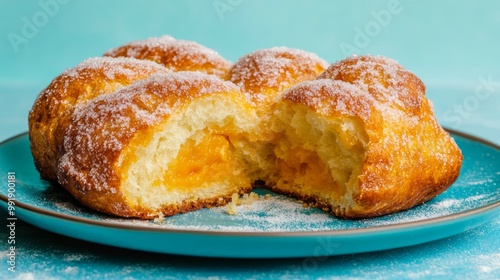 Traditional Mexican Sweet Bread Pan de Muerto on Electric Blue Plate Generative AI