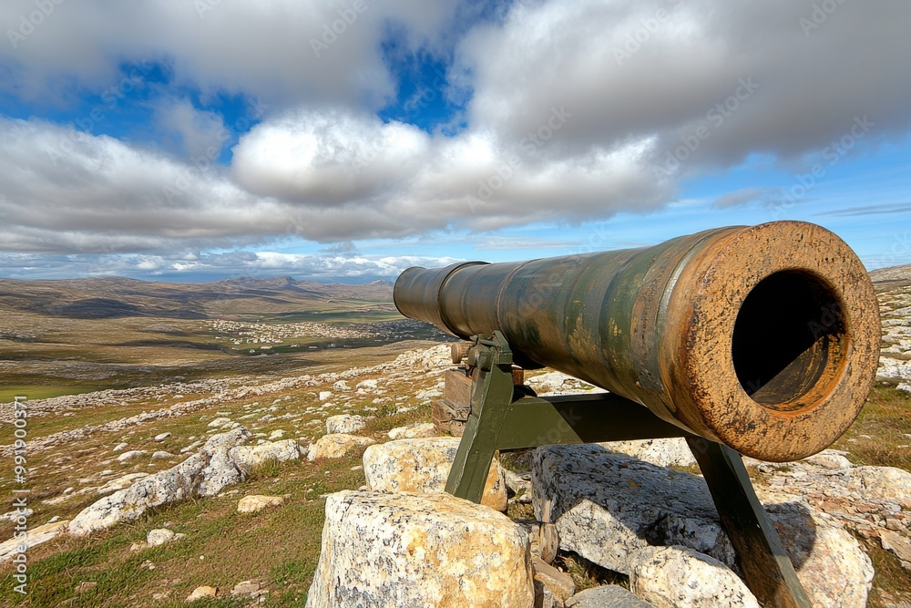 Cannon on Battlefield with Smoke and Dry Grass Cannon on Battlefield with Smoke and Dry Grass