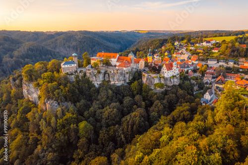 Village Hohnstein with Hohnstein castle and medieval half-timbered houses. Medieval building in Saxon Switzerland