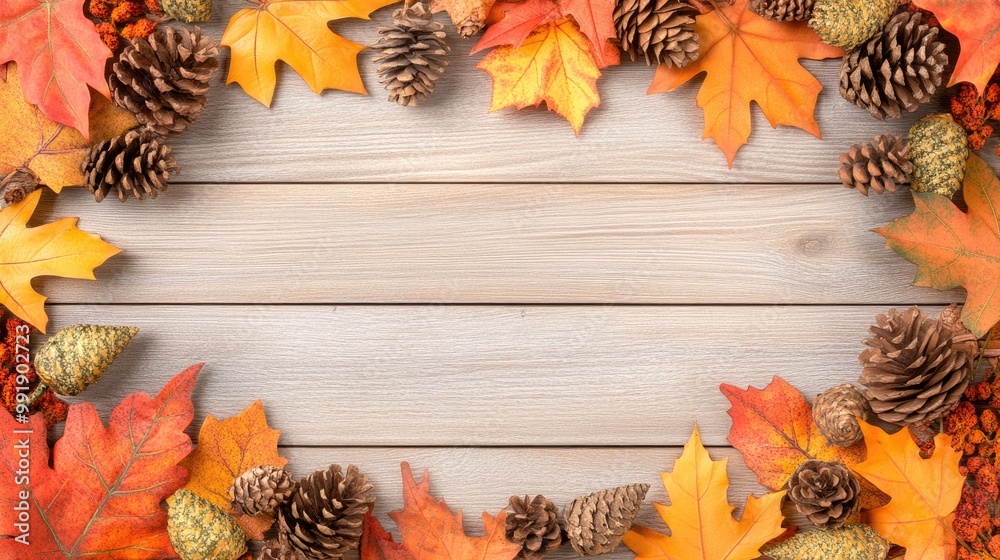 Fototapeta premium A rustic wooden background features rich autumn leaves and pine cones, creating a warm setting for creative text or design elements