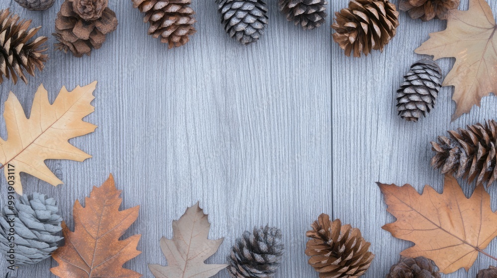 A rustic wooden background features rich autumn leaves and pine cones, creating a warm setting for creative text or design elements A rustic wooden background features rich autumn leaves and pine cones, creating a warm setting for creative text or design elements
