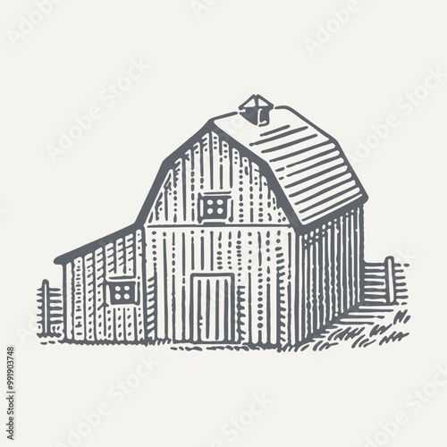 Farm Barn. Vintage woodcut engraving style vector illustration.